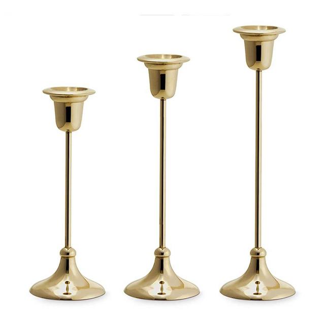 LampLust Taper Candle Holder, Set of 3 - Tall Metal Candlesticks, Brass Finish, Modern Slim Stem Design, Fits Standard 3/4 Inch Tapered Candles, for Home Decor or Wedding Centerpiece