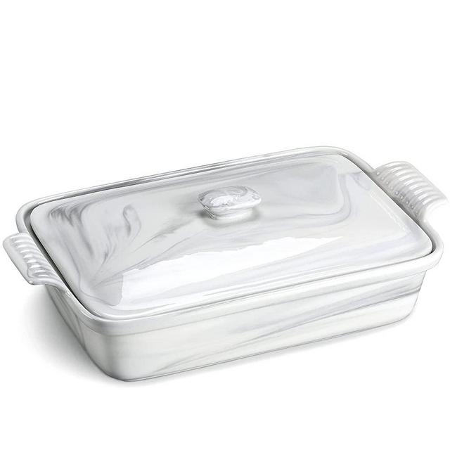 MALACASA Ceramic Casserole Dish with Lid, 3.4 Quart Marble Gray Covered Rectangular Casserole Dish Set with Handle, Baking Dish with Lid for Lasagna, Casseroles and Pie, 12.6 x 9 x 3.15 Inch