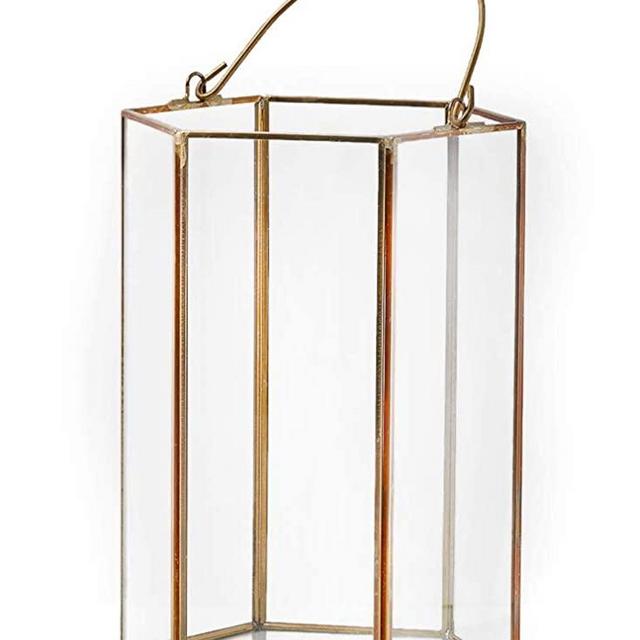 Serene Spaces Living Clear Glass Hexagon Lantern with Gold Edges, Measures 8 inches Tall, Sold Individually