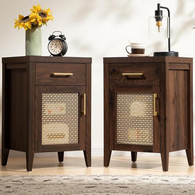SICOTAS Tall Nightstands Set of 2 with Drawer, Mid Century Modern Wooden Night Stand Rustic Bedside Tables with Storage, Vintage End Tables with Metal Mesh Door for Bedroom, Brown Oak