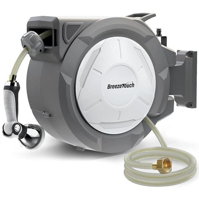 Breeze Touch Retractable Garden Hose Reel 1/2" x 100 ft, Wall Mounted Auto Rewind Water Hose Reel with Any Length Lock, 10-Pattern Nozzle, 180° Swivel Bracket for Yard & Lawn