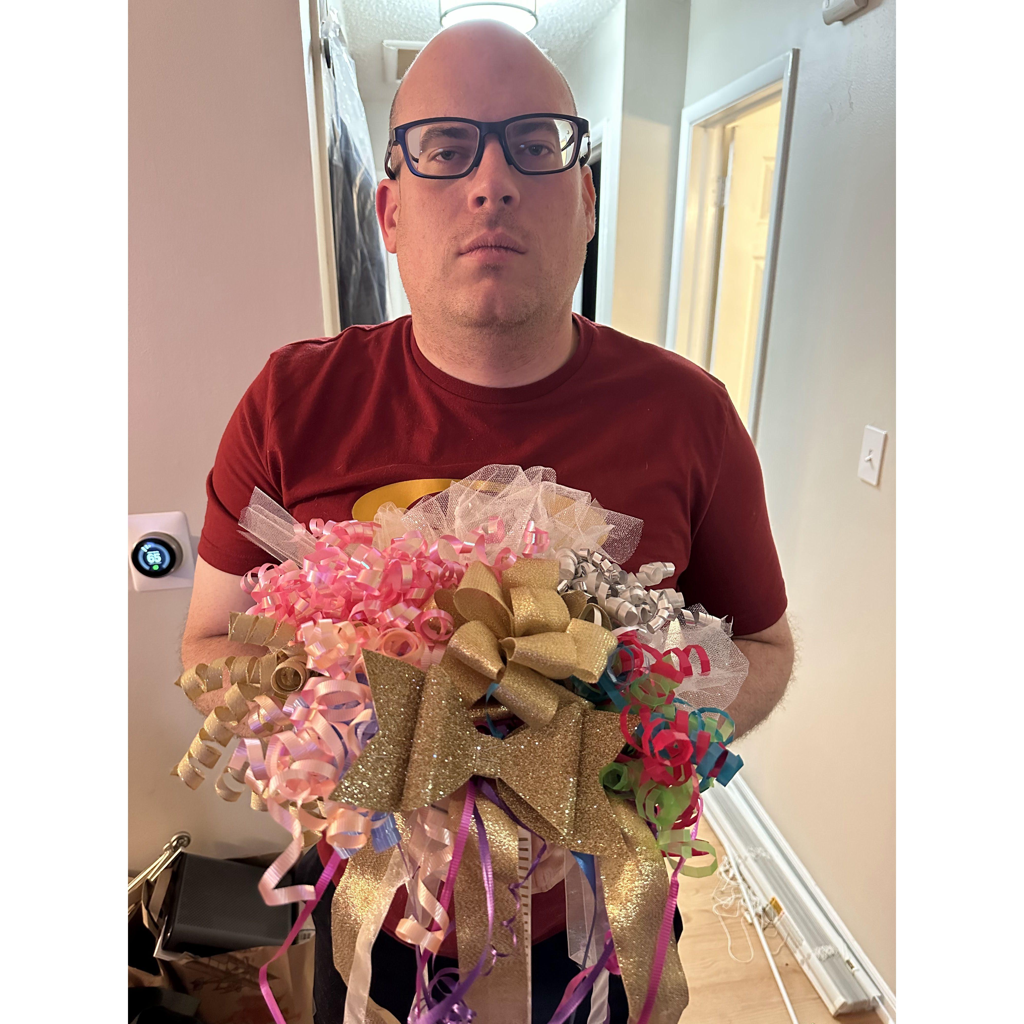 Jeff practicing. This ribbon "bouquet" was from Wendy's rehearsal. "Wait, she's going to carry this around? In public?" Why!?!"