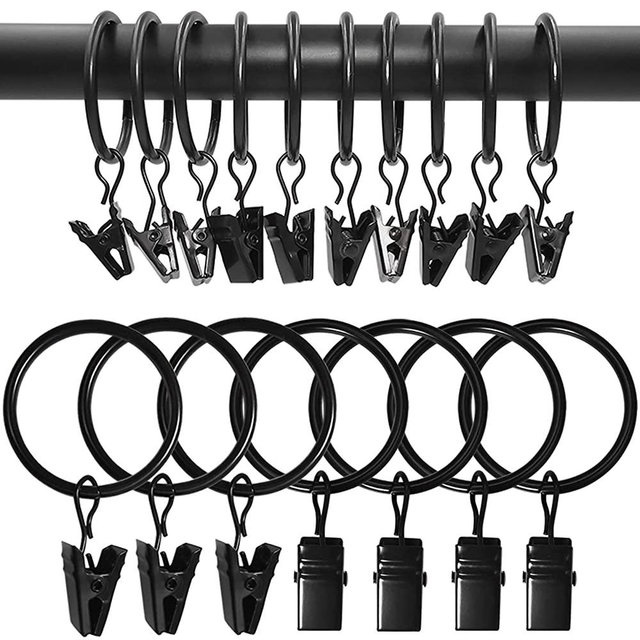 AMZSEVEN 90PCS Curtain Rings with Clips, Strong Drapery Clips Hooks on Tension Rod Bracket, 1.26 Inch Interior Diameter Metal Eyelets Decorative Drapes Window Hangers, Vintage Black