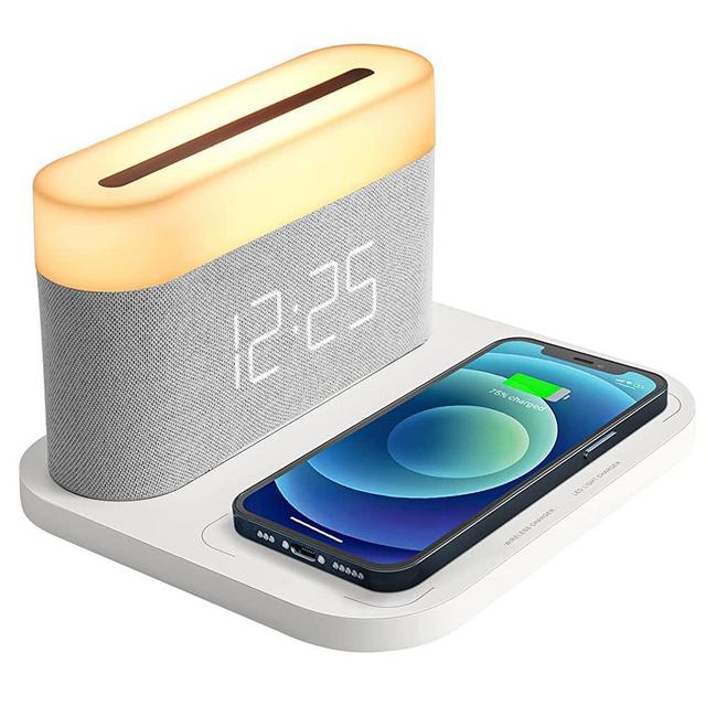COLSUR Alarm Clock Table Lamp Charger,Fast Wireless Charger Station for iPhone/Samsung,Stepless Dimmable,3 Brightness of LED Display,Snooze,Modern Clock for Bedroom Bedside with QC3.0 Adapter(White)