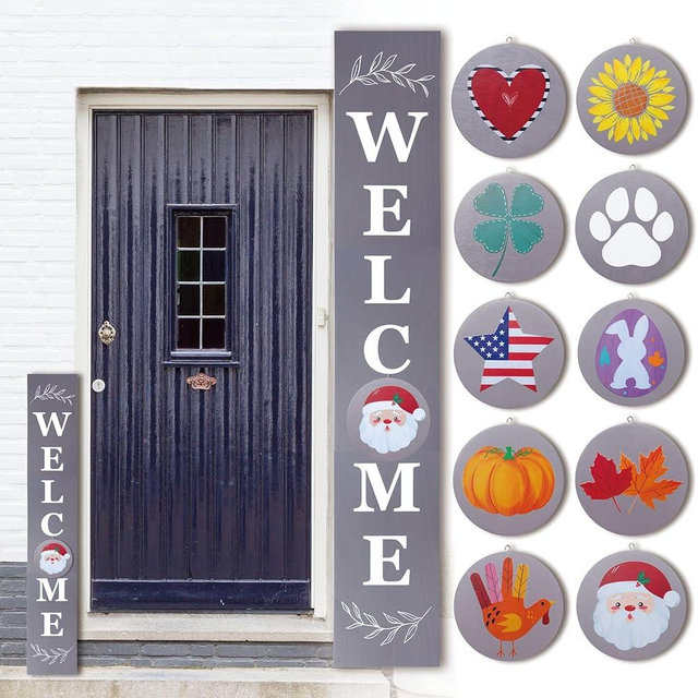 Perfnique Interchangeable Welcome sign for front porch standing, 47 x 7.9 Inch Black Wooden Leaner Sign with 10 Interchangeable Designed Icons, Morden Farmhouse Rustic Seasonal Decor for Spring Easter