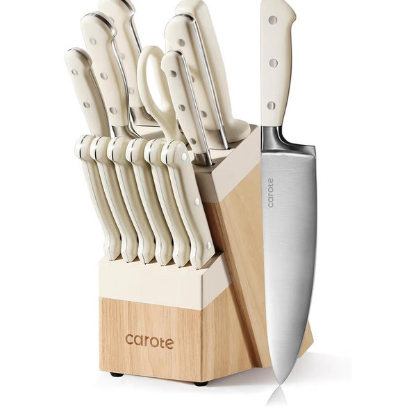 14 Pieces Knife Set with Block, Forged, High Carbon Stainless Steel Sharp Blade Block Knife Set, Dishwasher Safe Cutlery, Cream