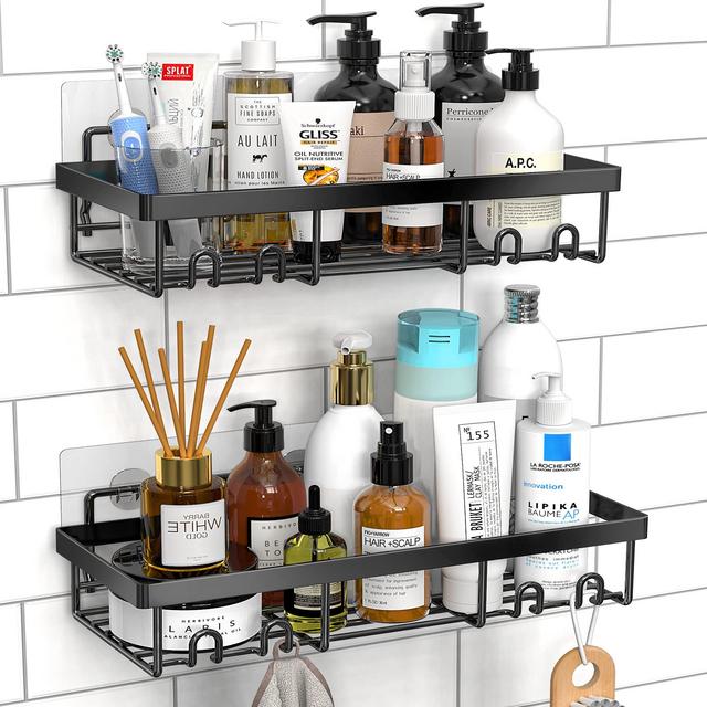 MOFOROCO Shower Caddy Shelf Organizer Rack(2Pack), Self Adhesive Black Bathroom Shelves Basket Inside Shower, Wall Mount Shower Storage Home Organization Rv Accessories, First Apartment Essentials