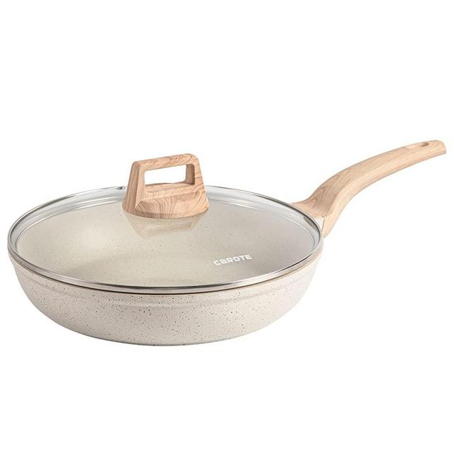 CAROTE Nonstick Frying Pan Skillet,Non Stick Granite Fry Pan with Glass Lid, Egg Pan Omelet Pans, Stone Cookware Chef's Pan, PFOA Free (White Granite, 11-Inch)