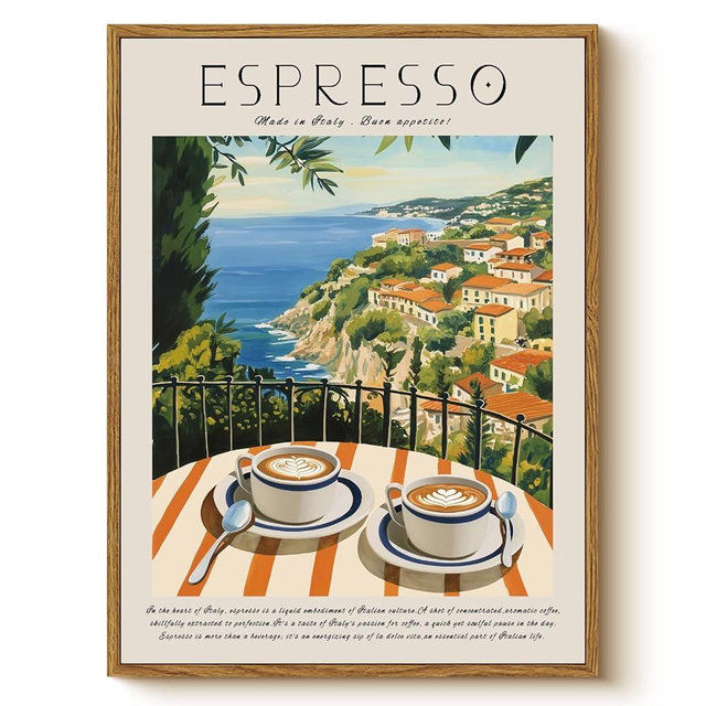 Vintage Tuscany Coffee Landscape Framed Wall Art, 12x16 Mediterranean Italian Cafe Scene Print, Espresso Cups Coastal View Kitchen Coffee Shop Dining Room Office Decor