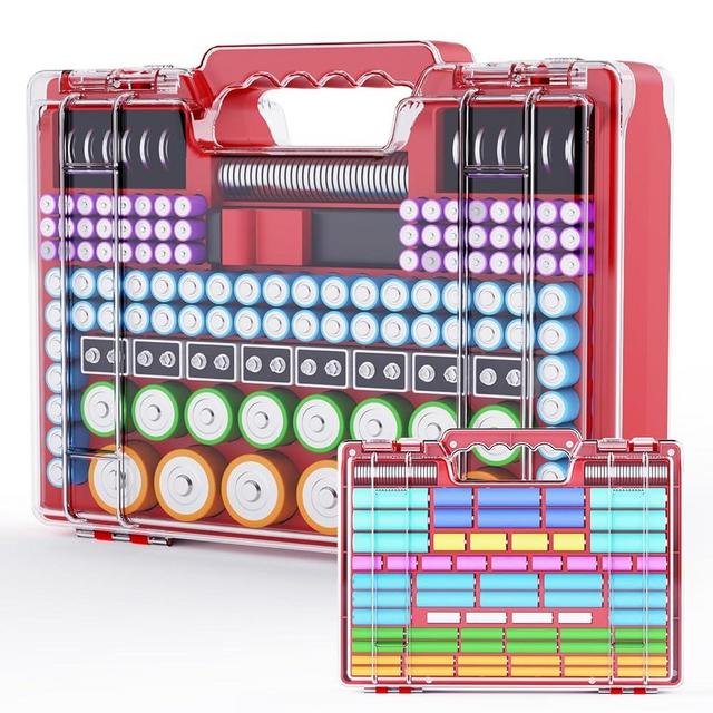 Molutsody Battery Organizer Storage Holder Box Case with Tester, Stores & Protects Up to 260 Batteries, Double-Clear Locking Lid, Holds AA AAA C D and More (Not Includes Battery Pack) - Red