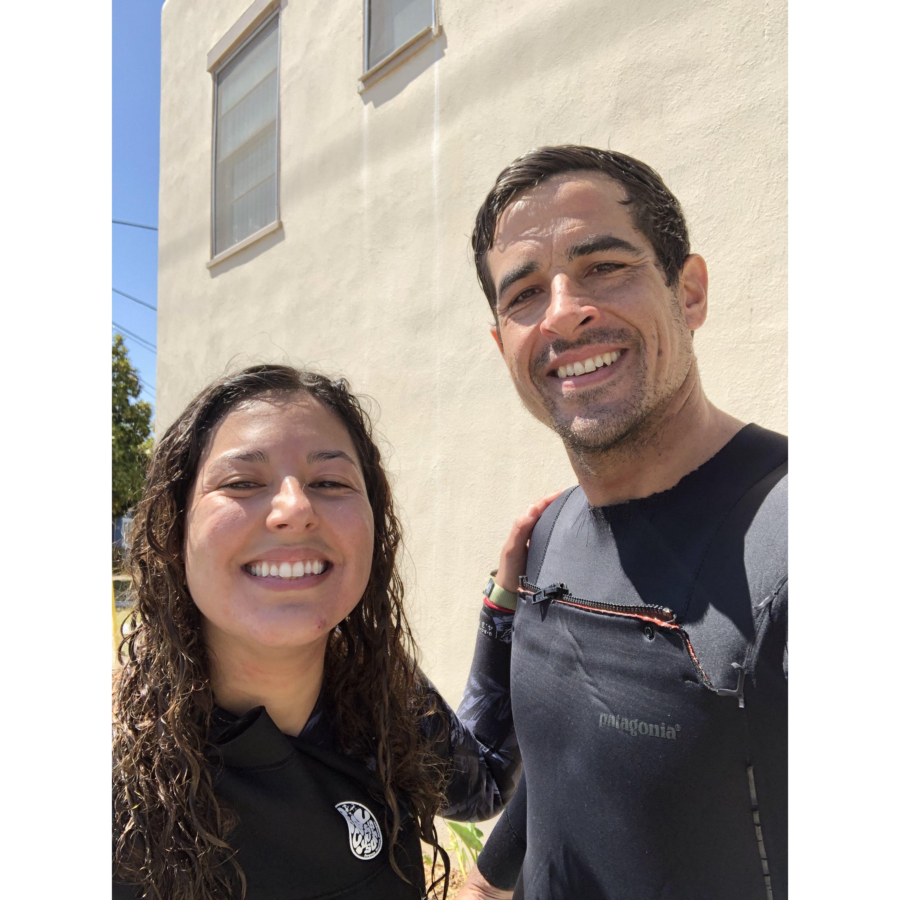 Jesse teaching Jasmine how to surf during lockdown!