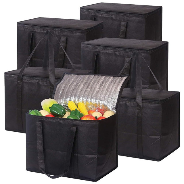 Set of 6 Large Insulated Reusable Grocery Bags with Sturdy Zipper and Handles, Foldable Washable Heavy Duty Cooler Totes for Hot or Cold Food Delivery, Groceries, Travel, Shopping