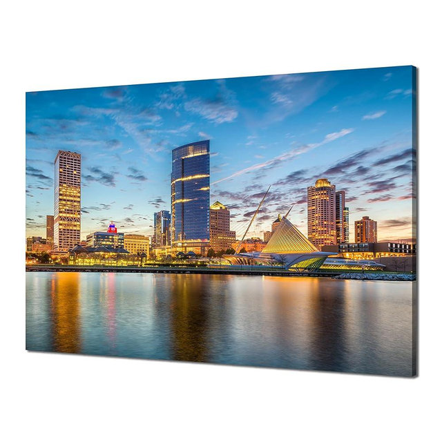 Cawpom Milwaukee Skyline Wall Art Wisconsin Cityscape Wall Decor Picture Canvas Print Milwaukee Night Skyscraper Painting Poster Stretched Frame Office Home Living Room Decoration(24x16 inches)