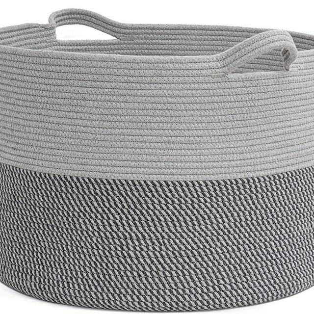 INDRESSME Extra Large Laundry Basket, Cotton Rope Blanket Basket for Nursery Living Room, Decorative Woven Storage Basket with Handles for Dirty Clothes, Toy Bin For Dog Toys, 21.7 x 13.8 inches, Grey