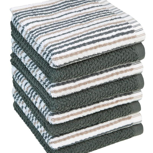 Bumble Towels Premium Dish Cloths 12"x12" | 100% Natural Ring Spun Cotton Tea Towel Set | 430 GSM | Highly Absorbent & Soft | 8 Pack - 4 Popcorn Striped & 4 Solid Kitchen Towels - Gray