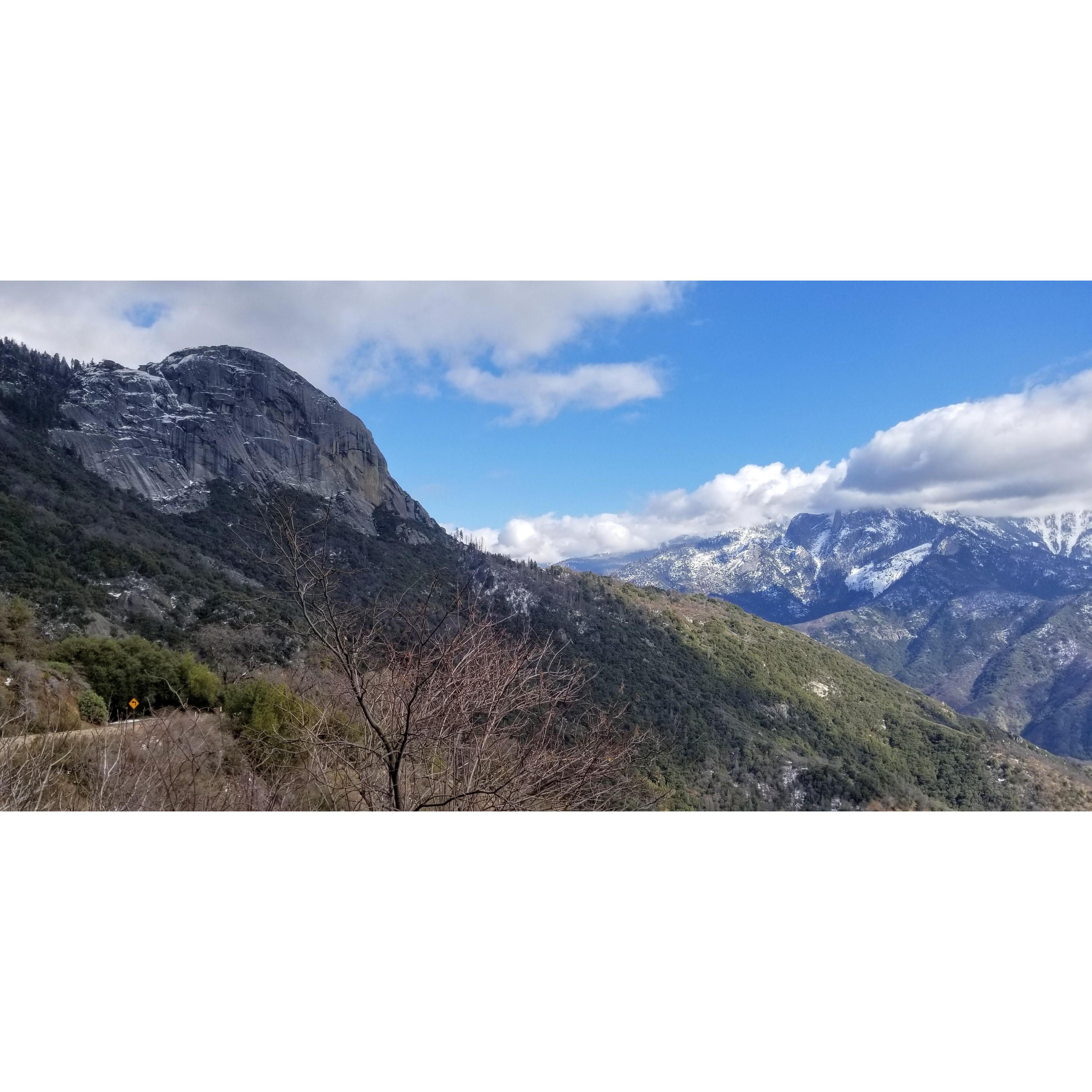 Moro Rock on the left. Sierras beyond. On the far side of the rock are stairs that lead to the top.