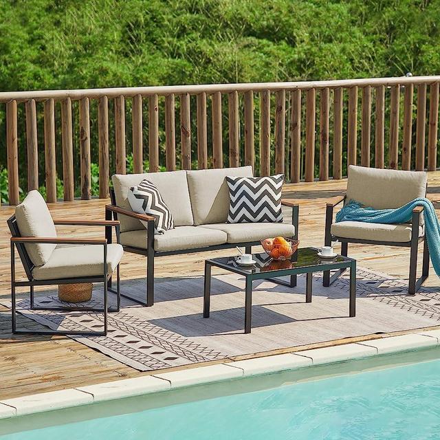 NATURAL EXPRESSIONS 4 Pieces Patio Furniture Sets,Metal Outdoor Patio Furniture Sets,Outdoor Sectional Furniture,Patio Conversation Set with Polywood Handrail,Teslin Mesh,Thick Texture Olefin Cushions