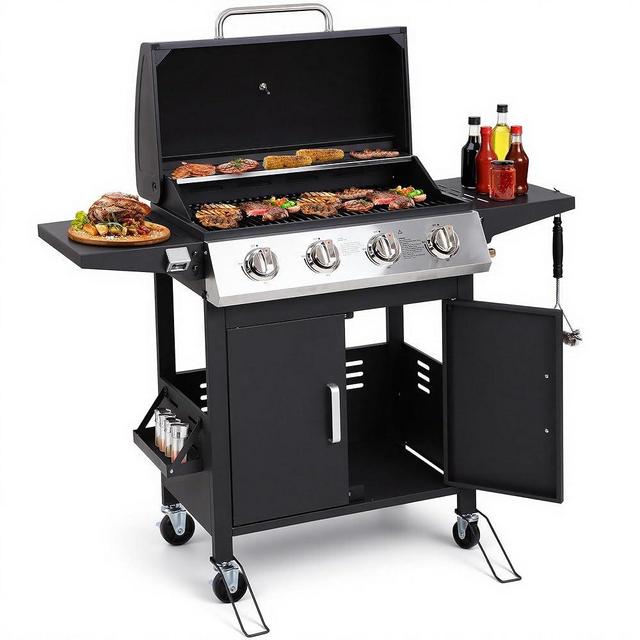 HUGROVE 4-Burner Propane Gas BBQ Grill, Upgraded 40,000 BTU Stainless Steel Barbecue Grill with Foldable Side Tables, Spice Rack & Wheels for Outdoor Cooking