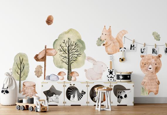 Big Animal Watercolor Wall Decal Set for kids, removable cute woodland animals, Forest Friends nursery Stickers, Peel and stick