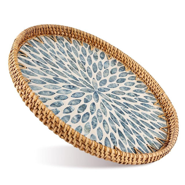 Round Rattan Tray with Mother of Pearl Inlay, Boho Style Decor Tray is Suitable for Bread Fruit Coffee, Also Functions as Kitchen Dining Table Home Decor (Blue)
