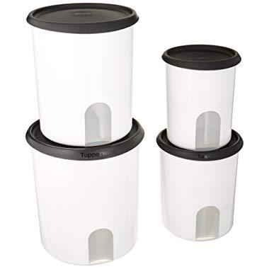TUPPERWARE ONE TOUCH REMINDER 4-PC. CANISTER SET/BLACK WITH NEW DESIGNED SEALS