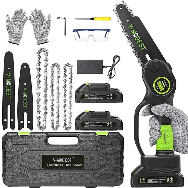 Mini Chainsaw Cordless 6 inch 4 inch,V-MODEST One-Handheld Brushless Electric Chain Saw with 2x24V Rechargeable Battery Powered,Security Lock for Wood Cutting Tree Pruning(also for women)