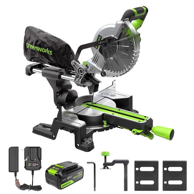 Greenworks 24V Brushless 7-1/4" Sliding Compound Miter Saw Kit, 4800RPM, Single Bevel 0-47°, LED Cut Line, Dust Collection, 4.0Ah Battery & Charger Included