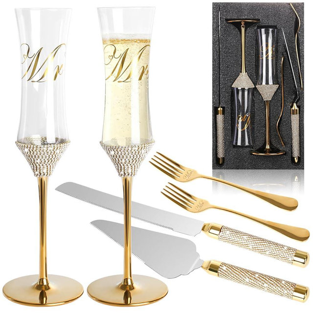 juciasouul 6 Pcs Wedding Cake Knife and Champagne Flutes Server Set, Mr and Mrs Champagne Flutes with Fork, Crystal Rhinestone Bride and Groom Champagne Glasses for Wedding Engagement Gifts