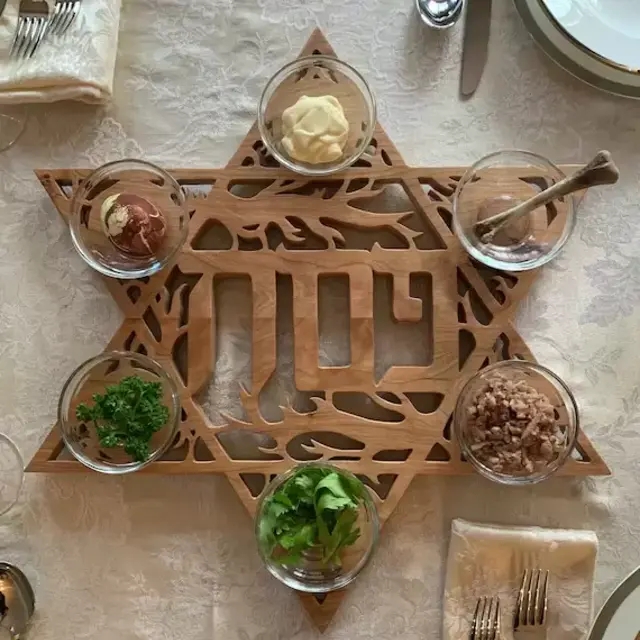 Tree of Life Passover Seder Plate (Cherry Wood with Glass Bowls)