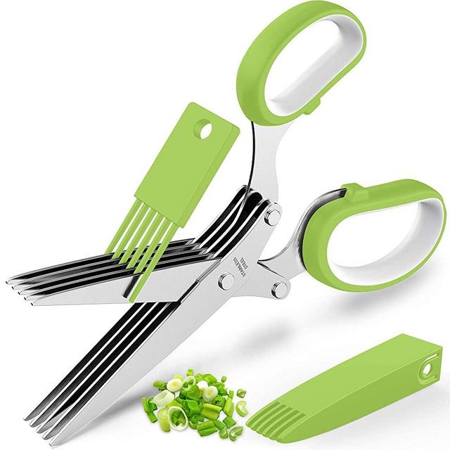 Updated 2021 Herb Scissors Set - Cool Kitchen Gadgets for Cutting Fresh Garden Herbs - Herb Cutter Shears with 5 Blades and Cover, Sharp and Anti-rust Stainless Steel, Dishwasher Safe (Green-White)