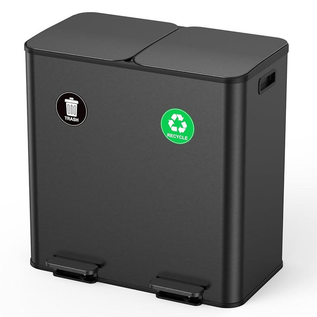 Lovewind Dual Trash and Recycling Bins for Kitchen, 2 * 11-Gallon Stainless Steel Double Trash Can, Step-On Garbage and Recycle Combo, Quiet Close, Pet-Proof, Compatible with 13-Gallon Bags, Black