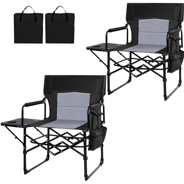 Romswi 2Pack Director Chairs for Outdoor, Folding Camping Chair, Compact Directors Chair Side Table and Side Bag, Heavy Duty Oversize Chair for Beach Fishing Picnic, Holds up to 400 lbs Black