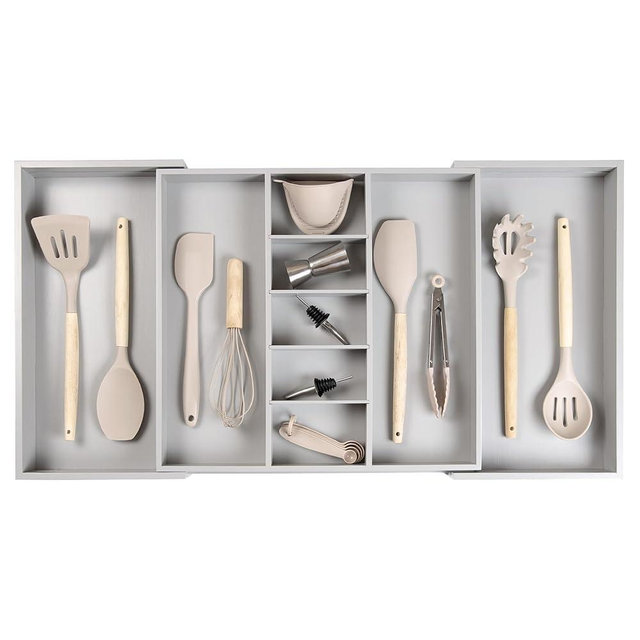 KitchenEdge Adjustable Kitchen Drawer Organizer for Utensils and Junk, Food-Safe Contract Grade with 100% Sustainable Wood, Expandable from 19 to 33 Inches Wide - Gray Bamboo