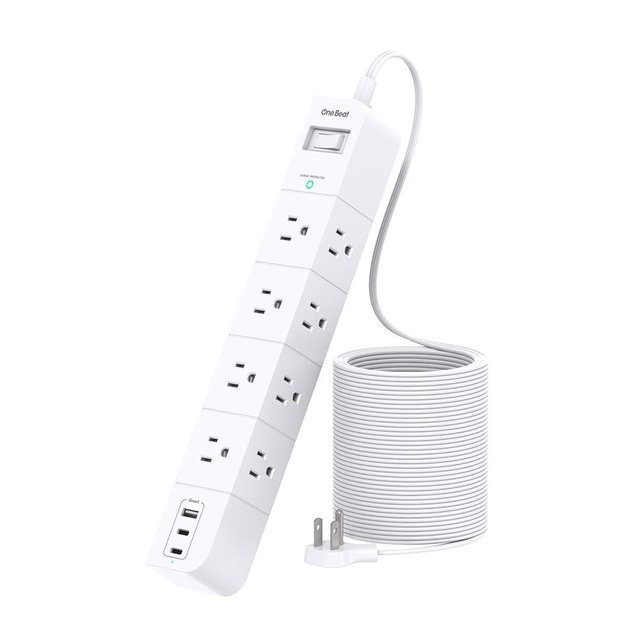 Extension Cord 15 ft, Surge Protector Power Strip with 8 Widely AC Outlets 3 USB（2 USB C）, Flat Plug Power Strip, Desktop Charging Station with Overload Protection for Home, Office, Dorm, ETL Listed
