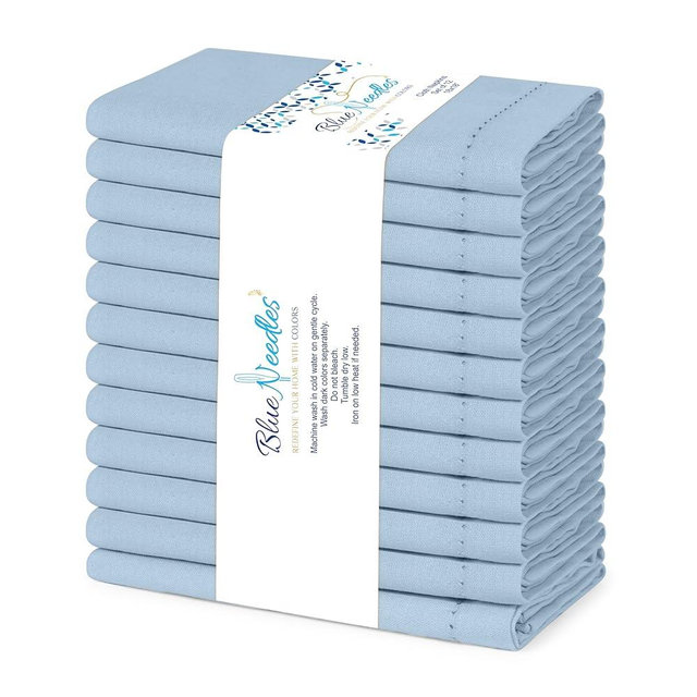 Blue Needles Set of 12 Hemstitch Linen Napkins 100% Cotton Ice Blue Cloth Dinner Napkins 18x18 inches, Soft, Reusable, Absorbent, Washable, Ideal for Christmas Events, Parties & Everyday Use