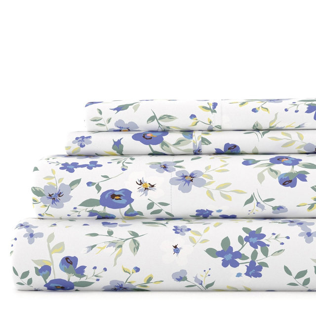 Becky Cameron, Easy Care, Blossoms Pattern Sheet Set, Queen, Light Blue
