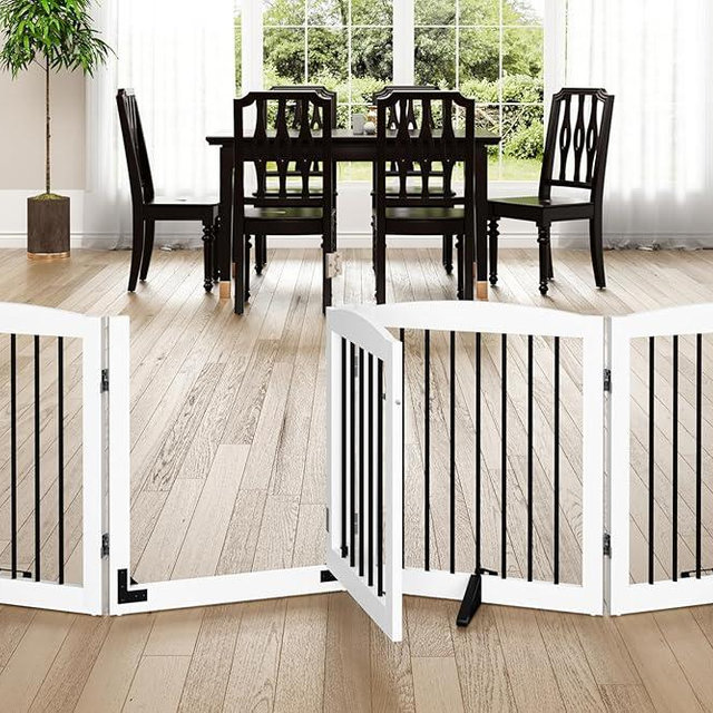 PUPETPO Freestanding Dog Gate with Door, Pet Gate for Stairs, 80 inch Wide Pet Barrier Indoor, Dog Fences Indoor, Support Feet Included, 4 Panels, 24" Tall, White & Black