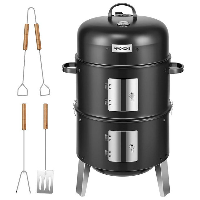 VIVOHOME 3-in-1 Vertical Charcoal Smoker, BBQ Smoker Grill with Built-in Thermometer, Air Vent, and 2 Access Doors, Idea for Parties, Backyard, Barbecues