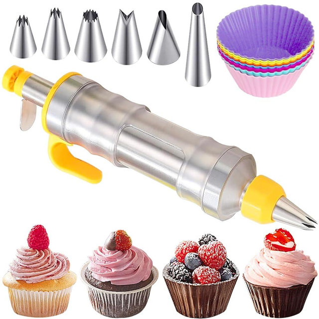 JAYVAR Dessert Decorating Syringe Set, Cake Decorating Kit, Stainless Steels Frosting Piping Kit for Cupcake Decoration with 6 Piping Nozzles, Cake Decorating Gun for Frosting Cream to Make Cupcakes