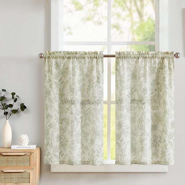 Lazzzy Floral Green on Beige Linen Kitchen Curtains, 26x36 inches, 2 Panels, Rod Pocket