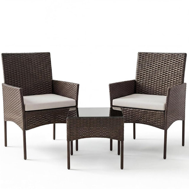 Sweetcrispy 3 Piece Patio Furniture Set, All-Weather Outdoor Conversation with Removable Cushions & Tempered Glass Table, Small Wicker Bistro Set for Balcony, Porch, Backyard, Deck, Brown