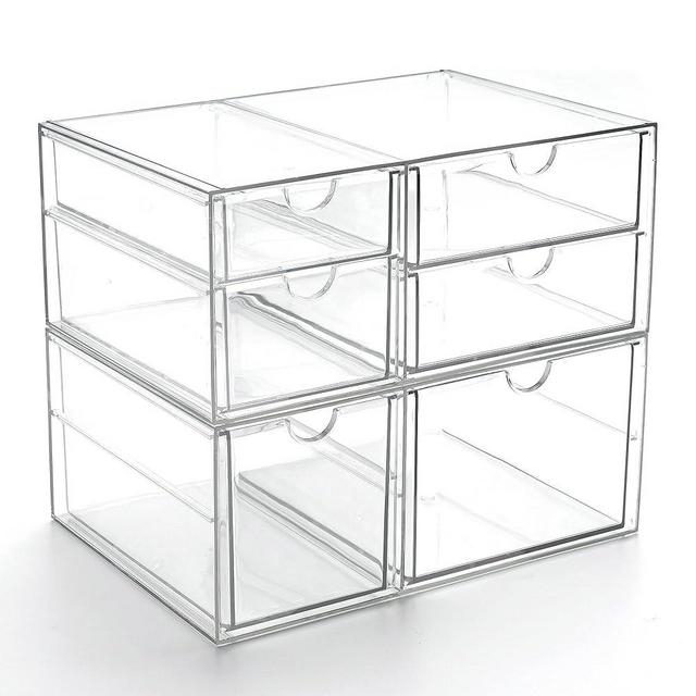 Prsildan Acrylic Drawer Makeup Organizer with 6 Drawers, Set of 2 Office Desk Organizers Accessories, Clear Stackable Storage Drawers for Vanity, Countertop, Craft, Jewelry, Art Supply Organization