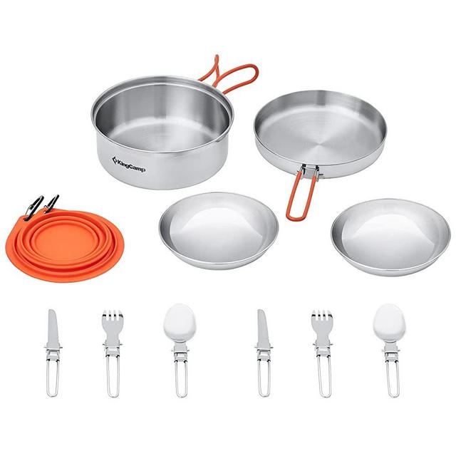 KingCamp Stainless Steel Camping Cookware Set Open Fire Cookware Backpacking Cooking Mess Kit Lightweight Camping Pots and Pans with Plates and Bowls Kit Hiking Cooking Gear 17/25PCS for 2-3 Person