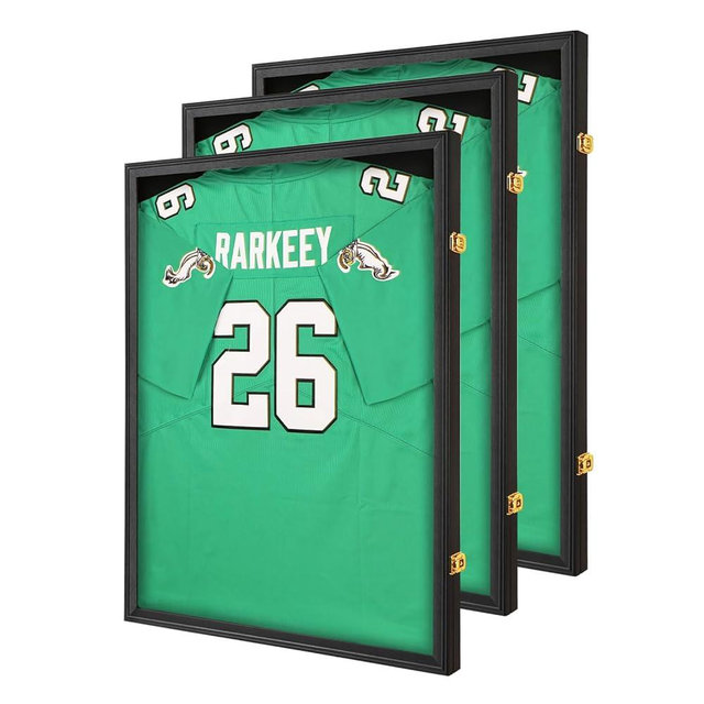 Goazhpon Jersey Frame Display Case 3 Pack for Wall ,Large Lockable T-Shirt Shadow Box with Clear UV Protection Acrylic & Hangers for Football Basketball Baseball Soccer Hockey, Matte Black