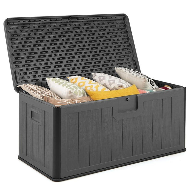 Tangkula 100 Gallon Outdoor Storage Box, Resin Outdoor Storage Bench with Lockable Lid, Waterproof Deck Box for Garden Tools, Pool Accessories, Cushions