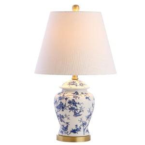 JONATHAN Y 22" Blue/White Ceramic Table Lamp, French Country Chinoiserie Ginger Jar LED Bedside Lamp for Living Room Bedroom, White Linen Shade, JYL3005A