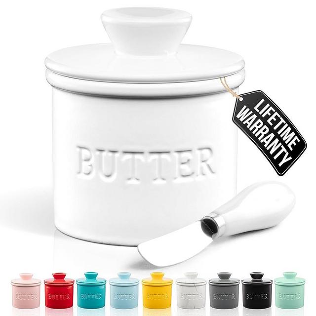 Zulay Kitchen Porcelain Butter Crock With Lid & Knife - Authentic French Butter Dish For Fresh & Spreadable Butter - White