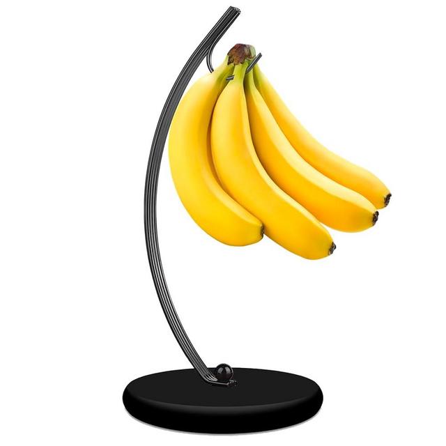 HOMKULA Banana Holder Stand - Modern Fruit Bowls Banana Hook Hanger, Banana Tree Holder, Banana Rack for Kitchen Counter, Stainless Steel&Wooden Base, Full Black