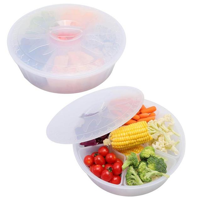 LUVCOSY 2 Pcs Round Veggie Tray with Lid, 12 Inch Extra Large Divided Serving Tray with Detachable Room, Relish Trays, BPA-Free Serving Platter for Veggie, Appetizers, Dessert, Snacks, Dishwasher Safe