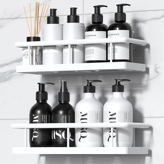 YASONIC Shower Caddy Adhesive, No Drill Bathroom Shower Organizers, with Removable Hooks, Rust Proof Shower Shelves, Wall-Mounted Shower Holder, White, 2 Pack